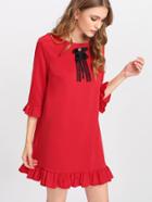 Romwe Rhinestone And Bow Embellished Ruffle Trim Dress