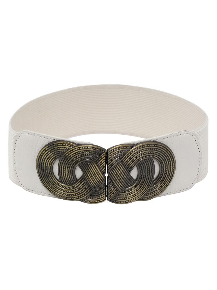 Romwe Braided Metal Interlock Buckle Off-white Wide Elastic Belt