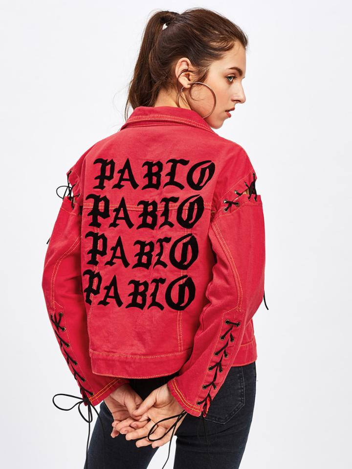 Romwe Letter Print Back Lace Up Sleeve Denim Jacket