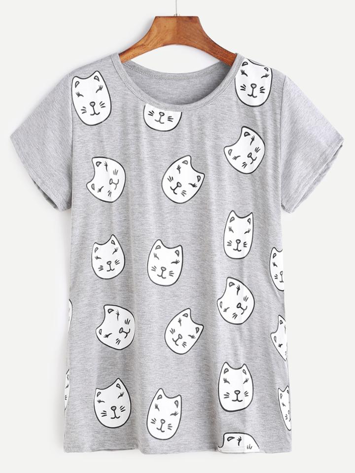 Romwe Heather Grey Cats Print T-shirt