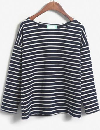 Romwe Navy And White Striped Oversized Shirt