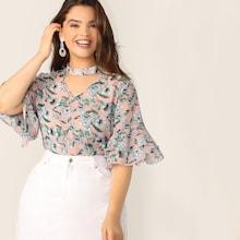 Romwe Plus V-cut Choker Floral Print Butterfly Sleeve Blouse