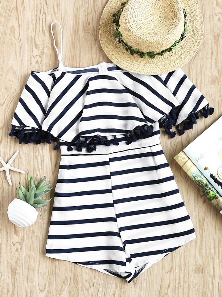 Romwe Open Shoulder Layered Striped Tassel Trim Romper
