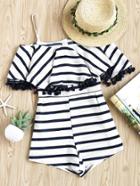 Romwe Open Shoulder Layered Striped Tassel Trim Romper