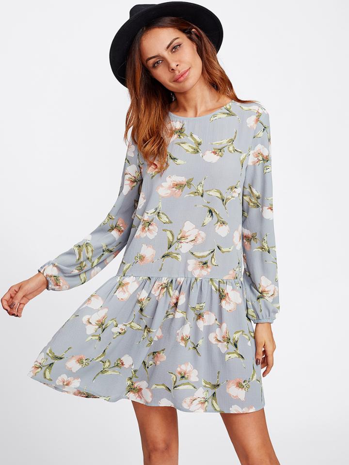 Romwe Allover Flower Print Drop Waist Dress