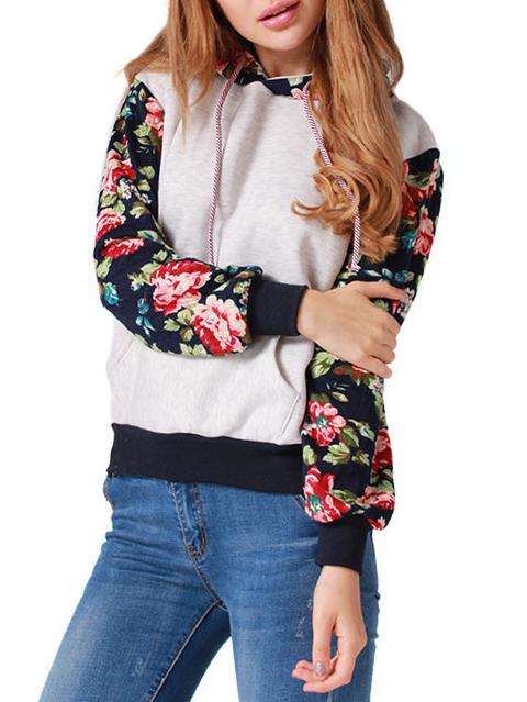 Romwe Hooded Drawstring Florals White Sweatshirt