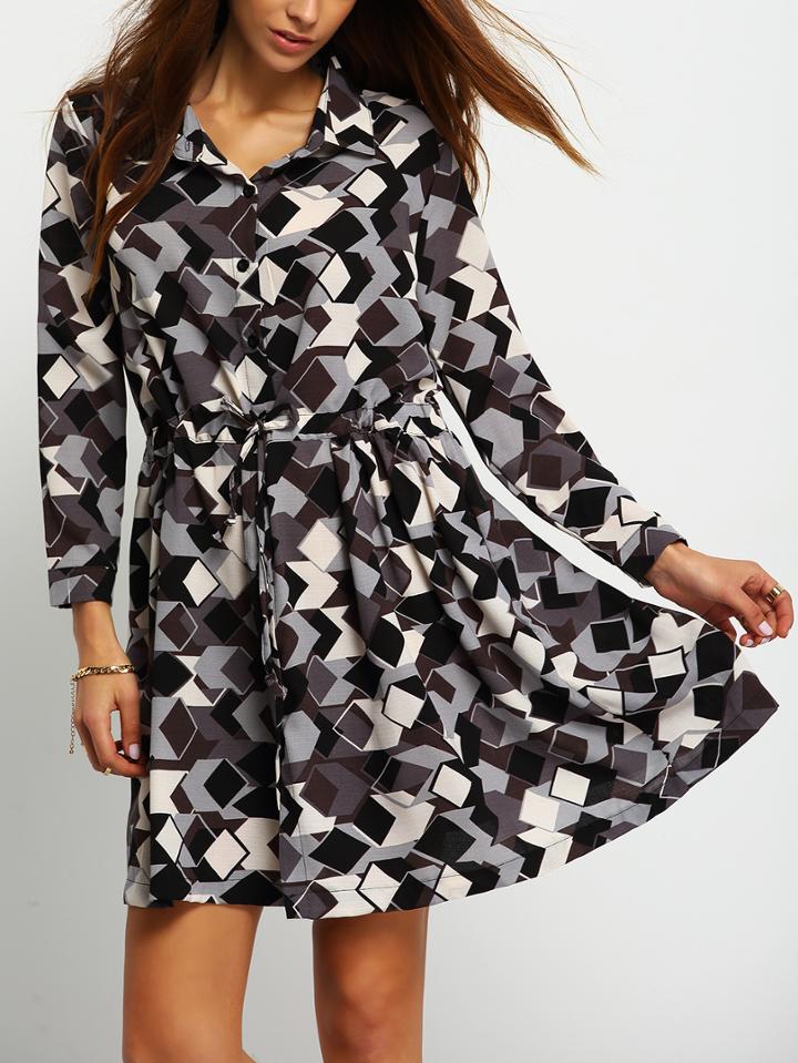 Romwe Geometric Print Drawstring Shirt Chiffon Dress