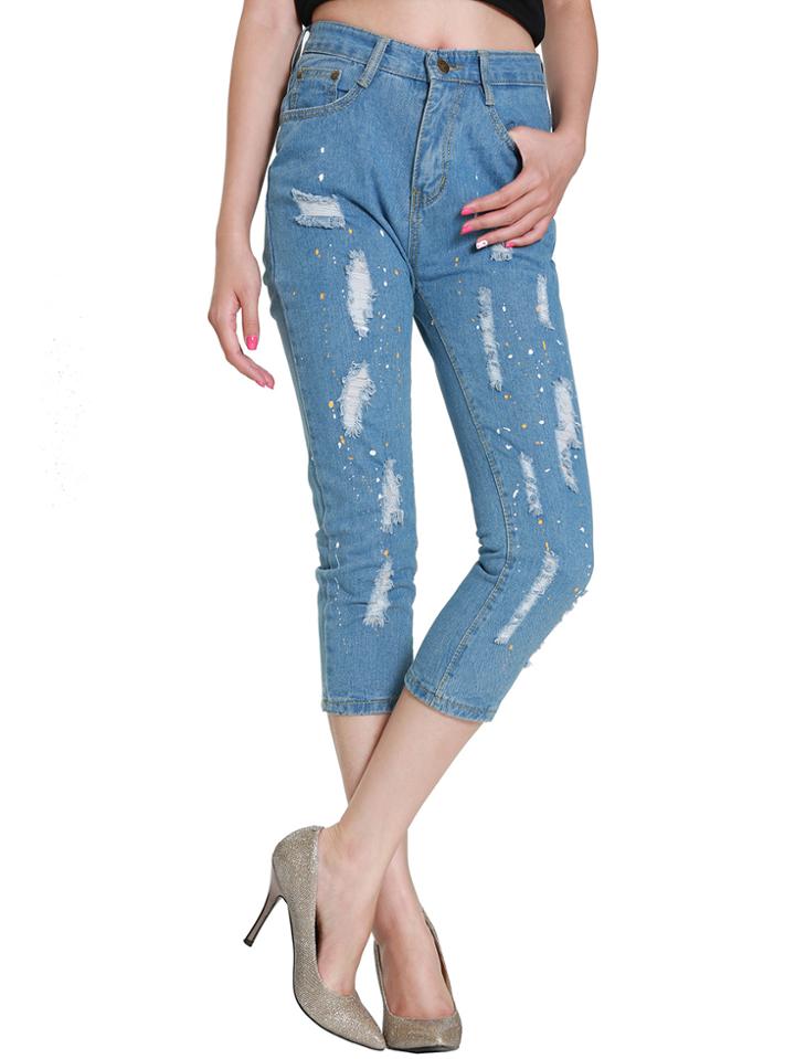 Romwe Graffiti Print Ripped Denim Pant