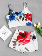 Romwe Flower Print Crop Cami And Overlap Skort Set