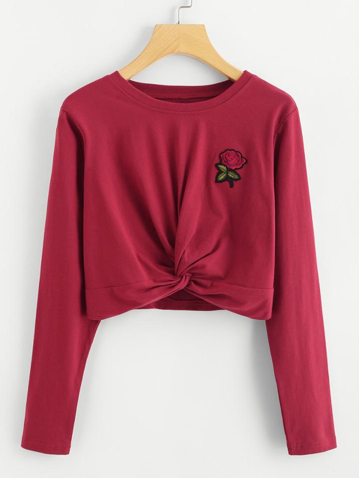 Romwe Rose Embroidered Patch Water Color Twist Tee