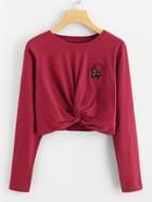 Romwe Rose Embroidered Patch Water Color Twist Tee