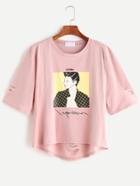 Romwe Pink Portrait Print High Low Ripped T-shirt