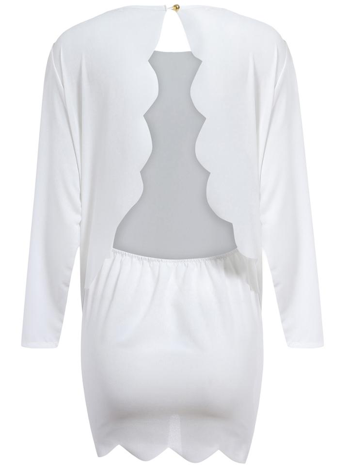 Romwe Round Neck Scalloped Hem Chiffon White Top