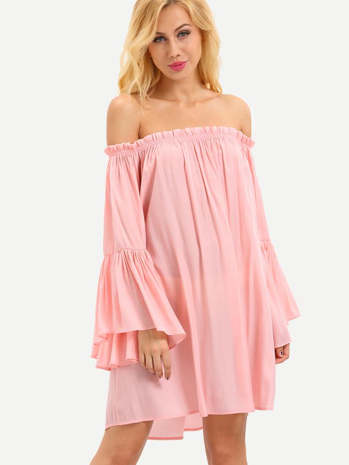 Romwe Ruffled Off-the-shoulder Bell Sleeve Dress - Pink