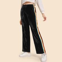 Romwe Striped Panel Velvet Pants