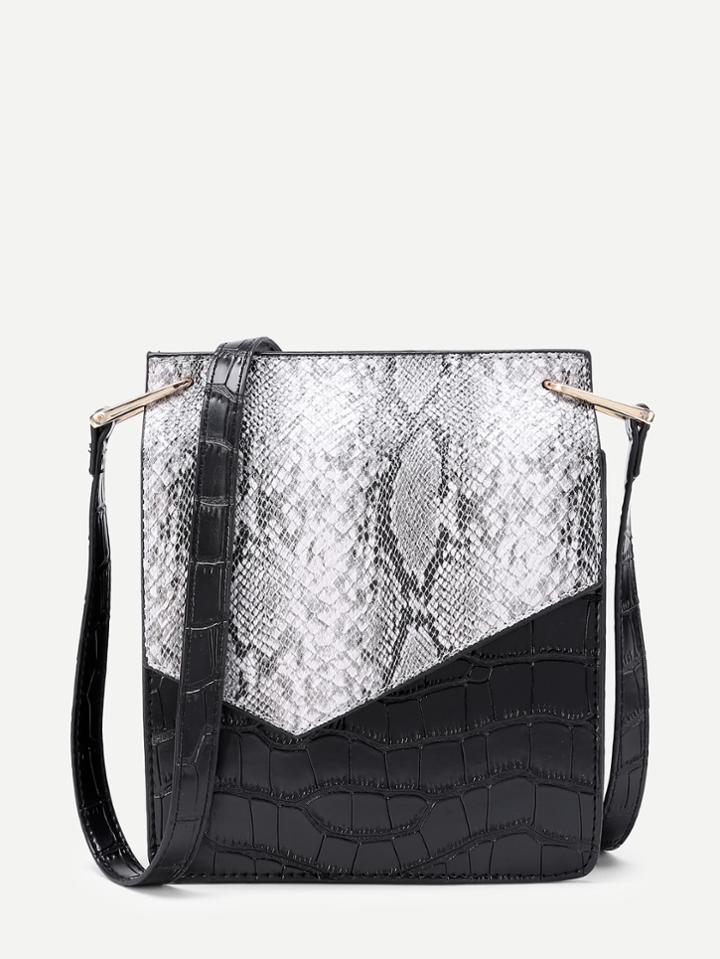 Romwe Two Tone Crocodile Print Pu Shoulder Bag