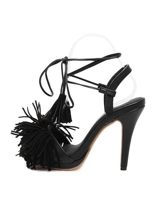 Romwe Tasselled Starp Lace-up Black High Heel Sandals