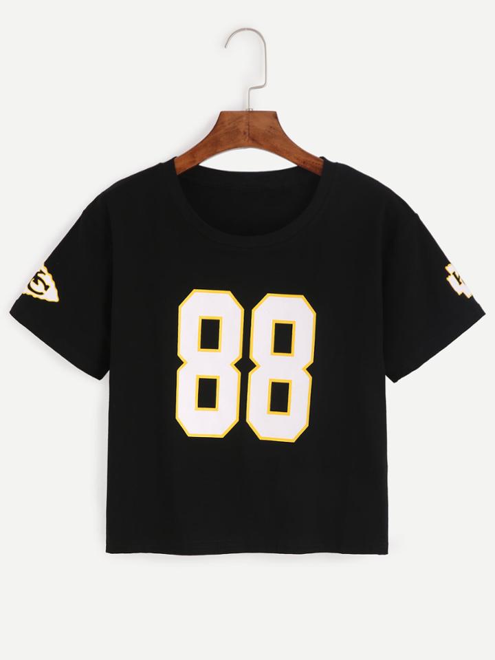 Romwe Black Number Print Crop T-shirt