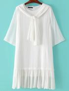 Romwe White Zipper Self Tie Plain Dress