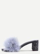Romwe Grey Feather Furry Slides Heeled Slippers