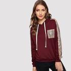 Romwe Pocket Patched Contrast Sequin Drawstring Hoodie