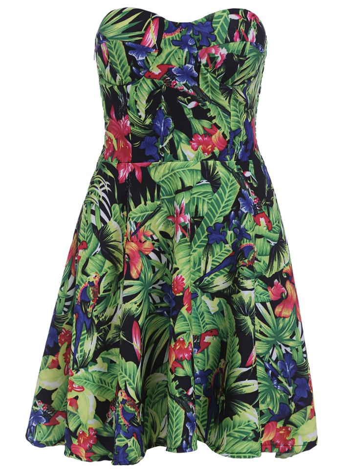 Romwe Strapless Flowers Print Flare Dress