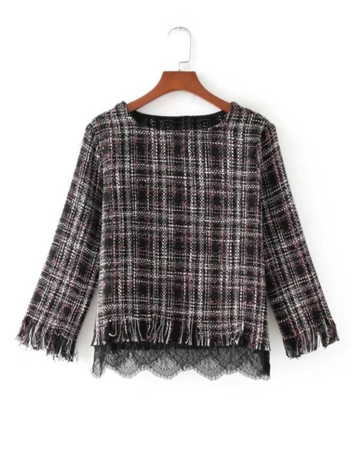 Romwe Fringe Trim Lace Detail Tweed Top