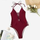 Romwe Ladder Cut-out Low Back Halter One Piece Swim