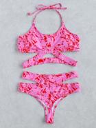 Romwe Pink Printed Cutout Design Halter Bikini Set