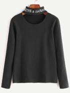 Romwe Black Letter Print Choker Neck T-shirt