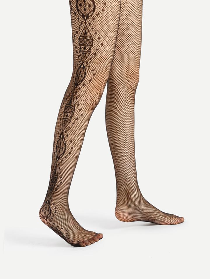 Romwe Side Graphic Pattern Fishnet Tights