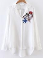 Romwe White Cranes Embroidered High Low Blouse