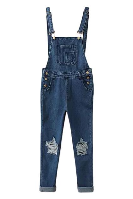 Romwe Double Straps Distressed Denim Jumpsuit