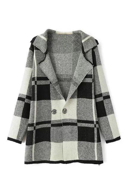 Romwe Knitted Black Check Coat
