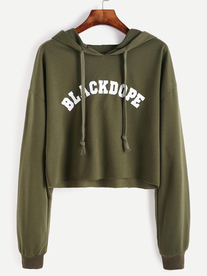 Romwe Letter Print Raw Hem Crop Sweatshirt