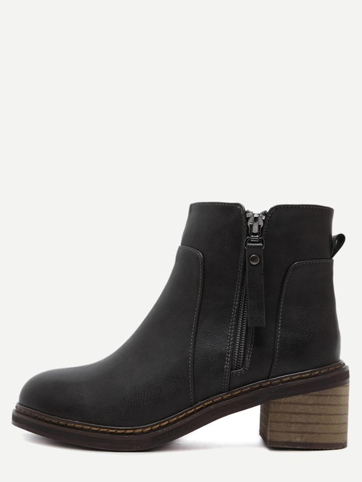 Romwe Grey Pu Side Zipper Cork Heel Ankle Boots