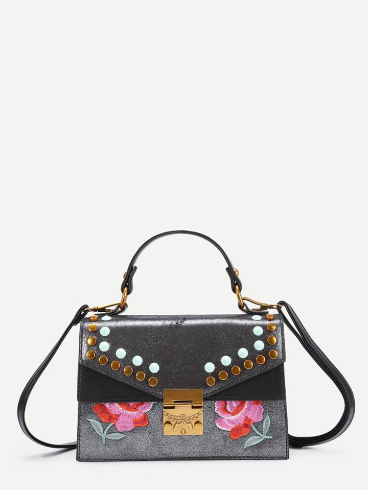 Romwe Flower Embroidery Pu Grap Bag With Studded