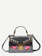 Romwe Flower Embroidery Pu Grap Bag With Studded