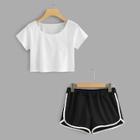 Romwe Scoop Neck Crop Tee With Ringer Shorts
