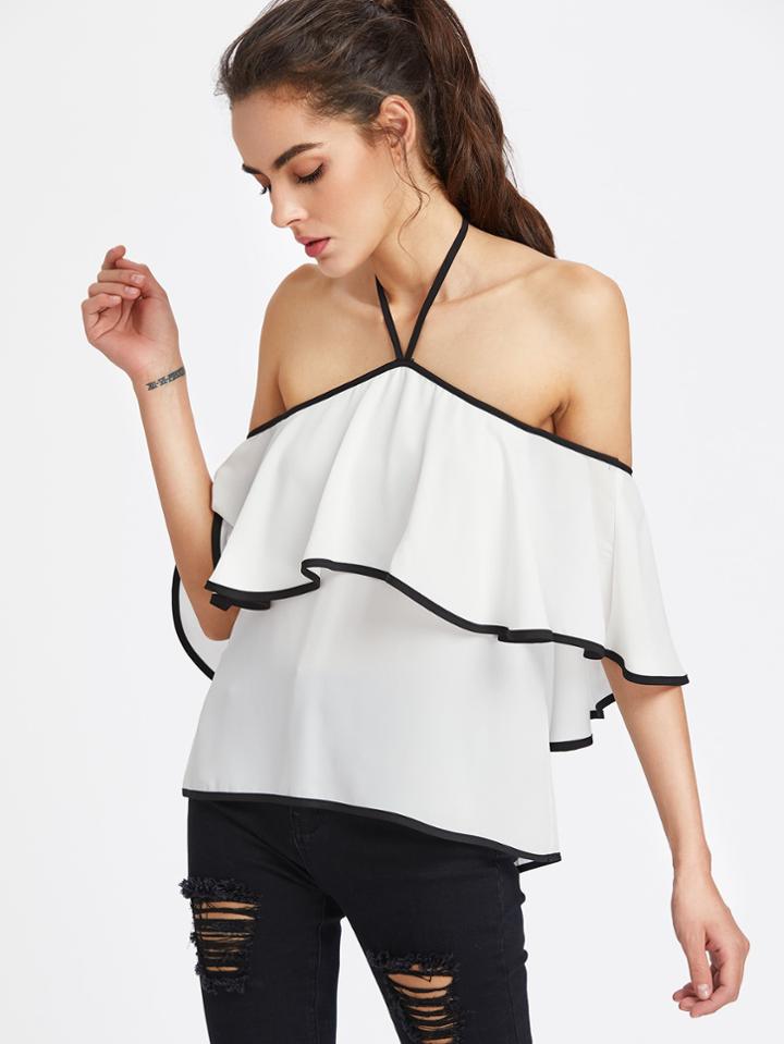 Romwe Contrast Binding Flounce Halter Bardot Top