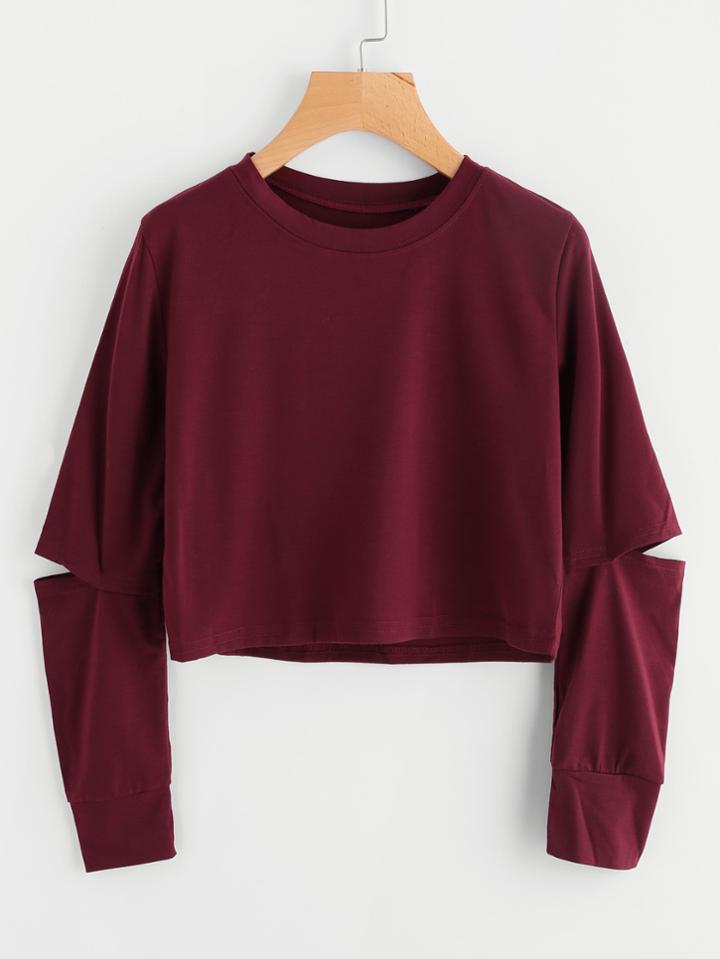 Romwe Cut Out Sleeve Crop Sweatshirt