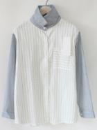 Romwe Contrast Sleeve Vertical Striped Blue Blouse
