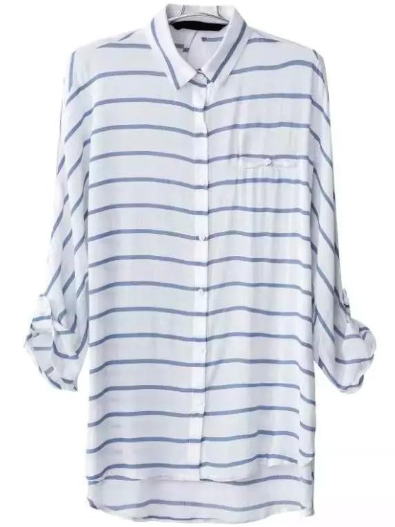 Romwe Lapel Striped Keyhole Blue Blouse