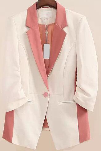 Romwe Notch Lapel Pockets White And Pink Blazer
