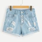 Romwe Ripped Detail Rolled Hem Buttoned Denim Shorts