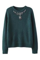 Romwe Diamante Embellished Green Jumper