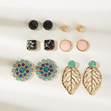 Romwe Hollow Leaf & Marble Pattern Stud Earrings 6pairs