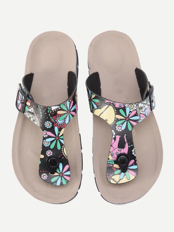 Romwe Flower Print Flip Flops