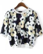 Romwe Black Round Neck Floral Chiffon Crop Blouse