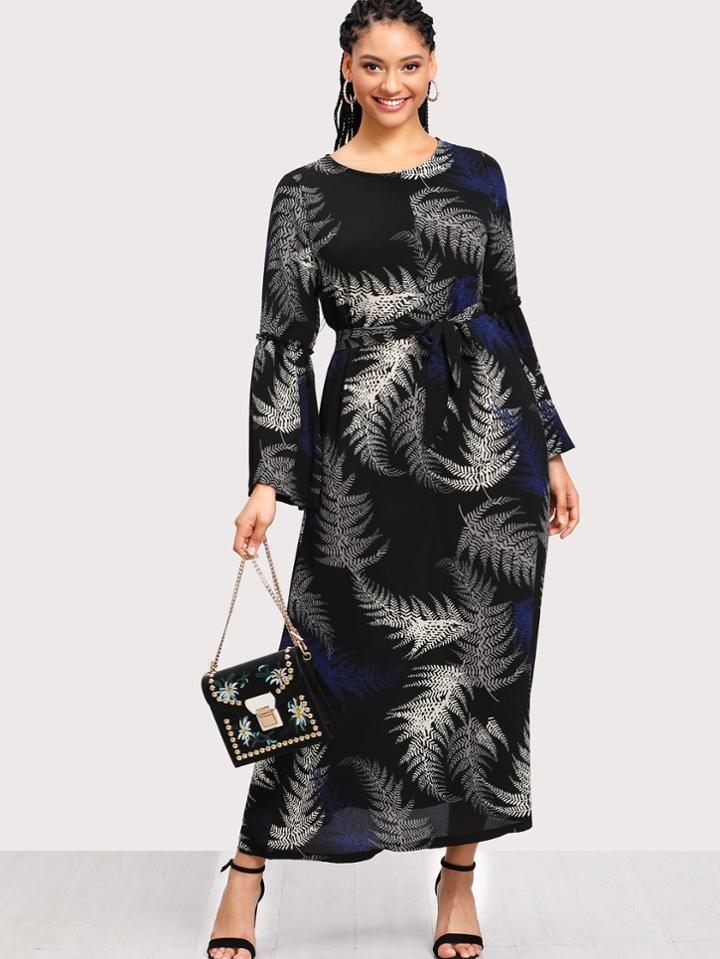 Romwe Bell Sleeve Tie Waist Dress